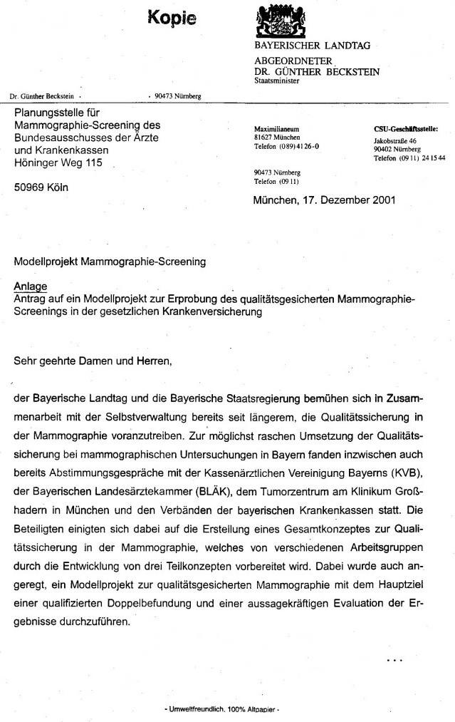 Befürwortungsschreiben Staatsminister Dr. Günther Beckstein Seite 1