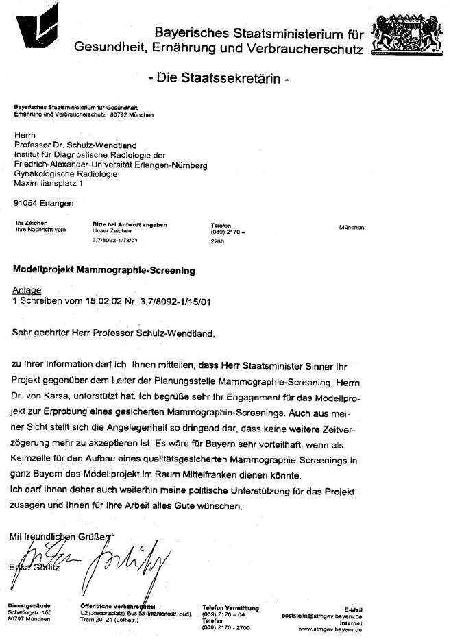Befürwortungsschreiben Staatssekretärin Erika Görlitz