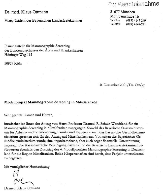 Befürwortungsschreiben Dr. med. Klaus Ottmann - Vizepräsident der Bayerischen Landesärztekammer