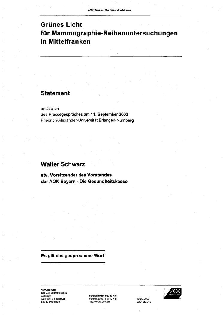 Statement Walter Schwarz - stv. Vorsitzender des Vorstandes der AOK Bayern - Die Gesundheitskasse Seite 1