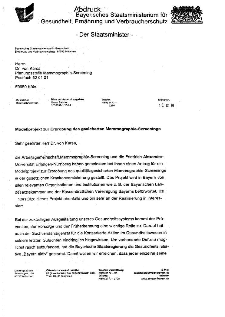 Befürwortungsschreiben Staatsminister Eberhard Sinner Seite 1