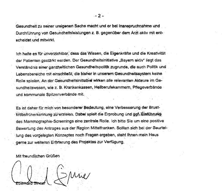 Befürwortungsschreiben Staatsminister Eberhard Sinner Seite 2