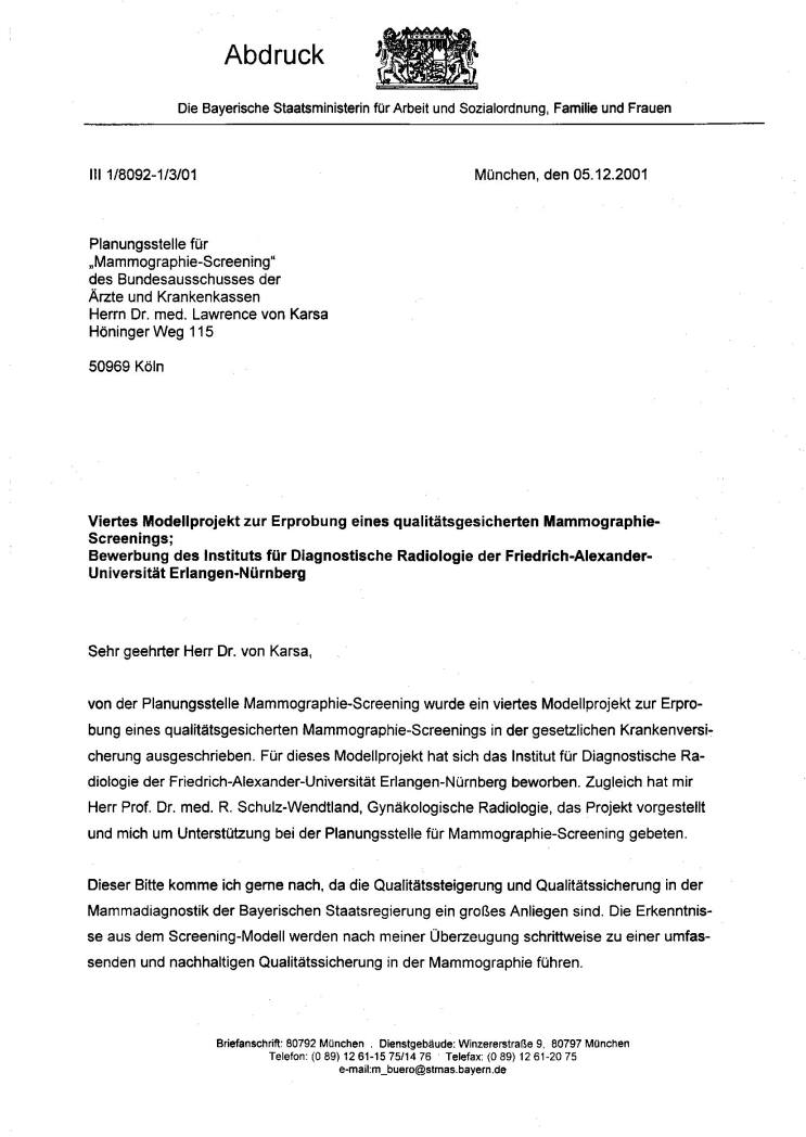Befürwortungsschreiben Staatsministerin Christa Stewens Seite 1